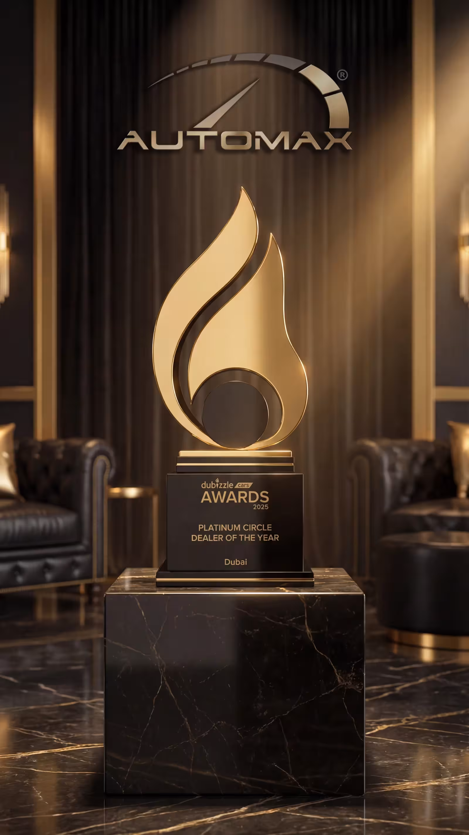A luxurious golden 'flame' shaped trophy on a black marble pedestal, proudly displaying 'dubizzle motors AWARDS 2025 PLATINUM CIRCLE DEALER OF THE YEAR Dubai'. The Automax® logo is prominently featured above it in an opulent setting.