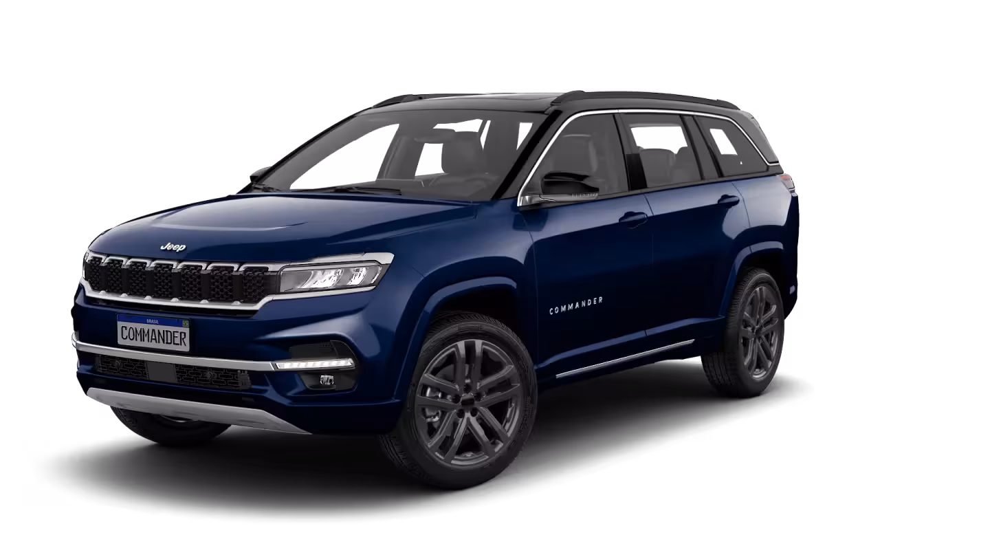 A dark blue Jeep Commander SUV from a front three-quarter angle, isolated on a white background, showcasing its premium finish and commanding presence, representing the flagship Overland trim.