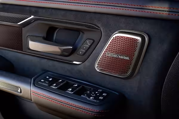 The 14.5-inch Uconnect® touchscreen in the 2027 Ram TRX, displaying multiple camera views for a 360° Surround View Camera system, showing the truck's surroundings from various angles.
