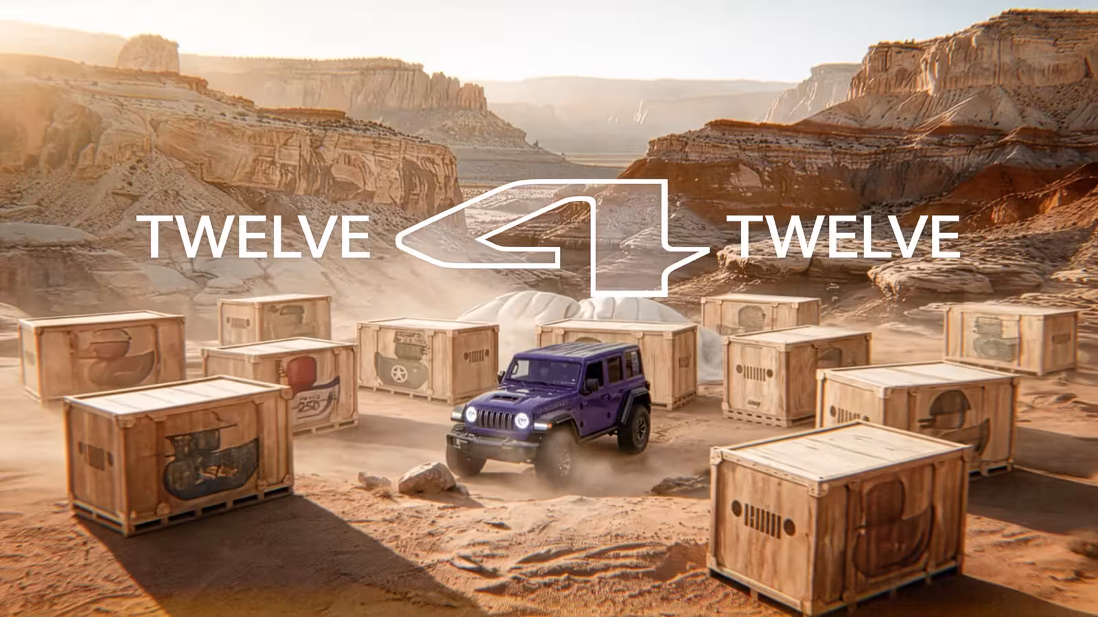 Promotional image for Jeep Twelve 4 Twelve program showing a purple Jeep Wrangler surrounded by wooden crates in a desert
