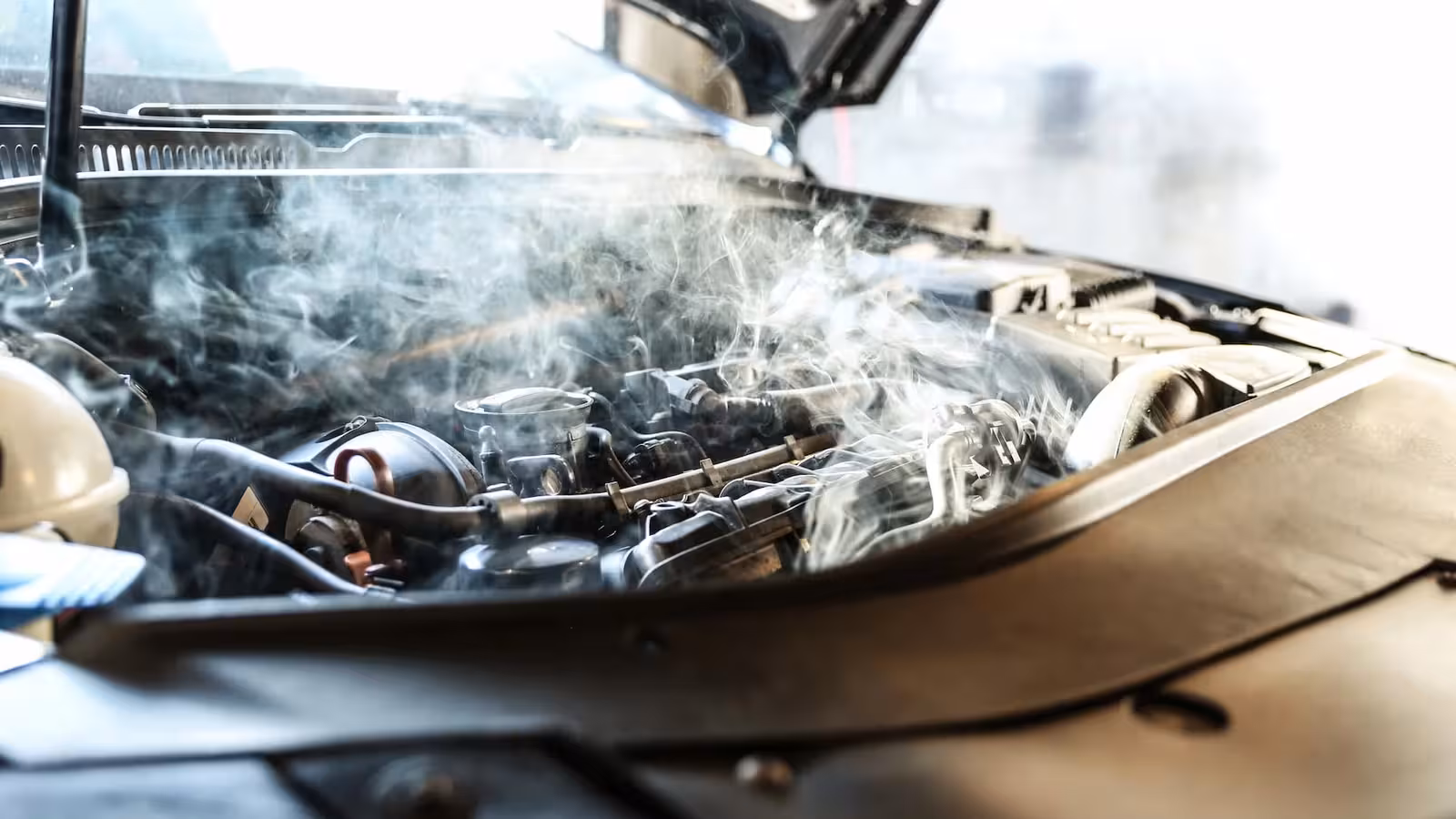 A close-up view of a car's engine compartment with the hood open, showing thick white steam actively billowing from various engine components, indicating severe overheating.