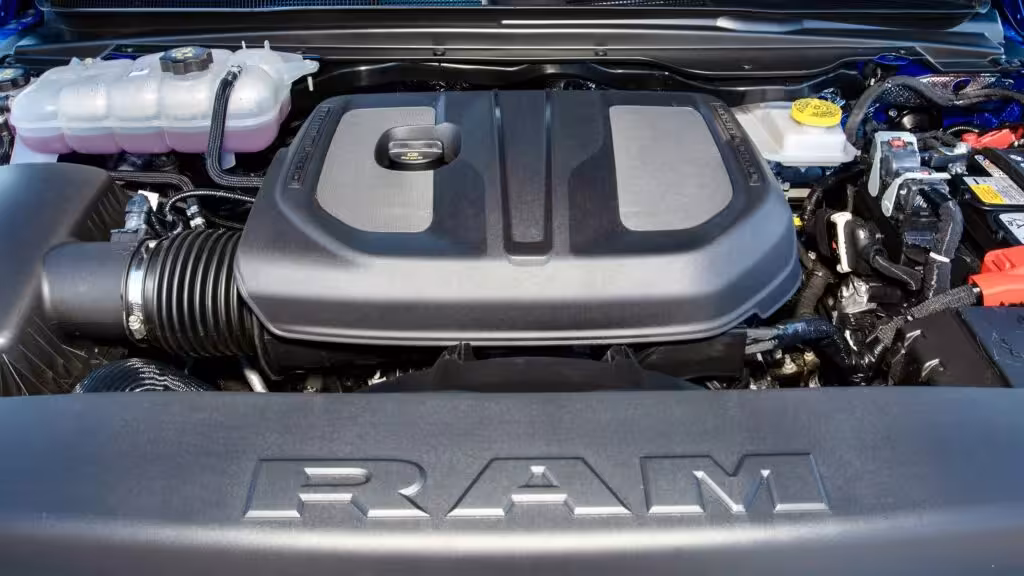 The powerful twin-turbocharged 3.0-liter HURRICANE I6 engine under the hood of the 2026 Ram 1500 Rebel X.