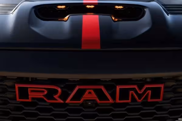 The 12-inch Digital Cluster Display in the 2027 Ram TRX, showing 'Hands-Free' active driving assist engaged with a set speed of 55 mph, and lane-keeping indicators.