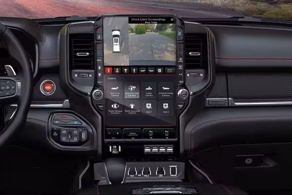 View from the driver's perspective showing the Head-Up Display projection on the windshield, indicating speed (55 mph), navigation arrows, and a 'Hands-Free' driving assist icon.