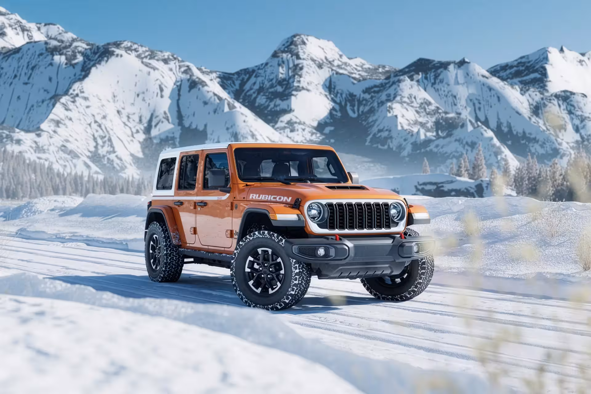 Striking orange 2026 Jeep Wrangler Rubicon with a hood scoop (likely Moab 392 variant) traversing a snowy road with majestic snow-capped mountains in the background.