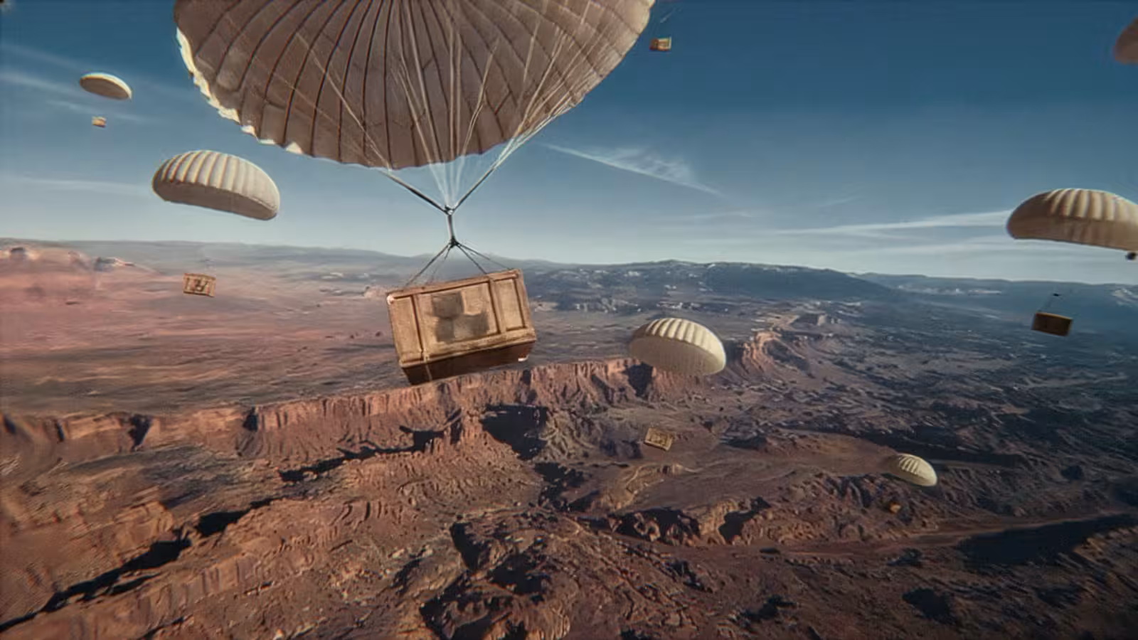Aerial view of wooden crates descending via parachutes over a vast canyon landscape