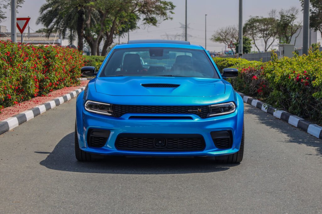 Front of a blue 2023 Dodge Charger RT Scat Pack Widebody Last Call Edition