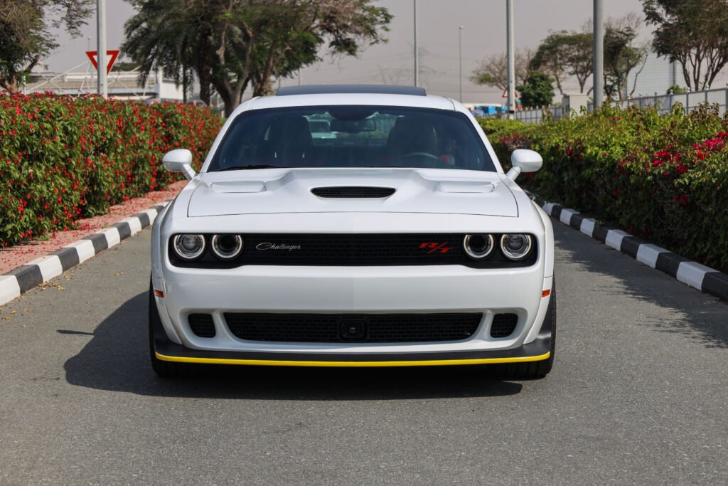 Front of a white 2023 Dodge Challenger RT Scat Pack Widebody Last Call Edition