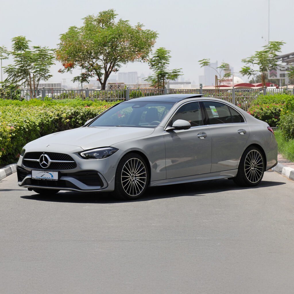 2025 Mercedes Benz C200 AMG Premium Plus Alpine Grey Red Interior Wood Dashboard